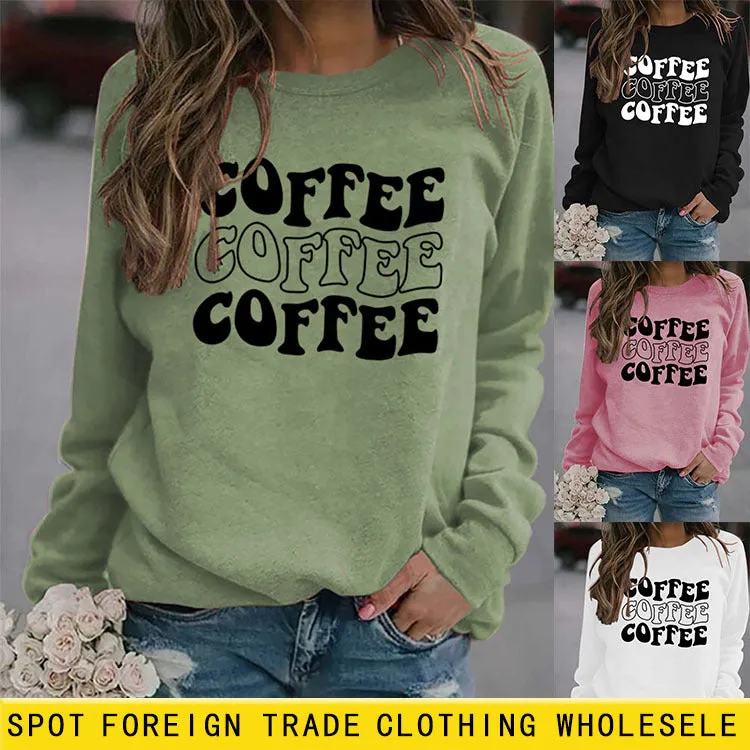 Round Neck Letter COFFEE Tops Women Long-sleeved Printed Loose Sweatshirt