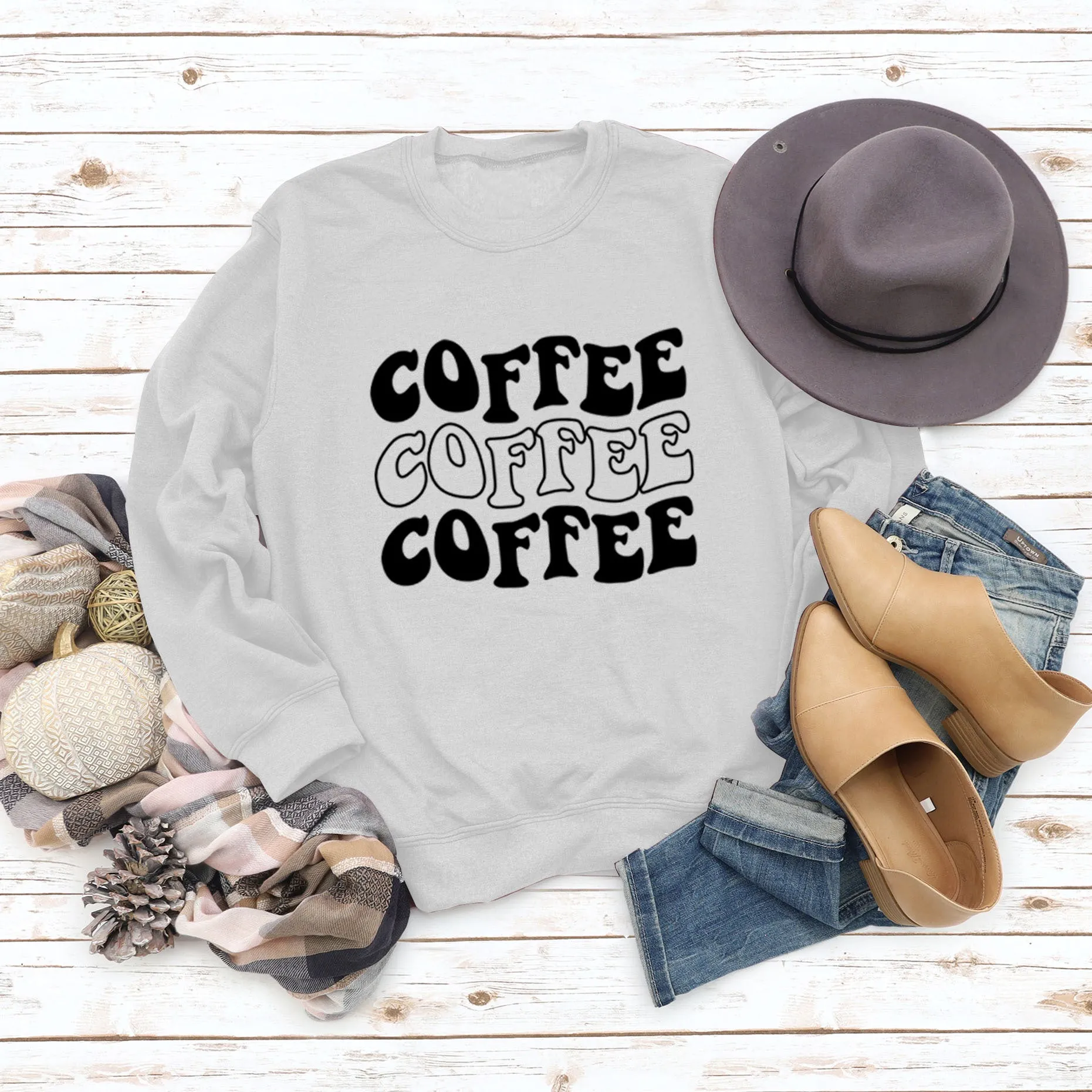 Round Neck Letter COFFEE Tops Women Long-sleeved Printed Loose Sweatshirt
