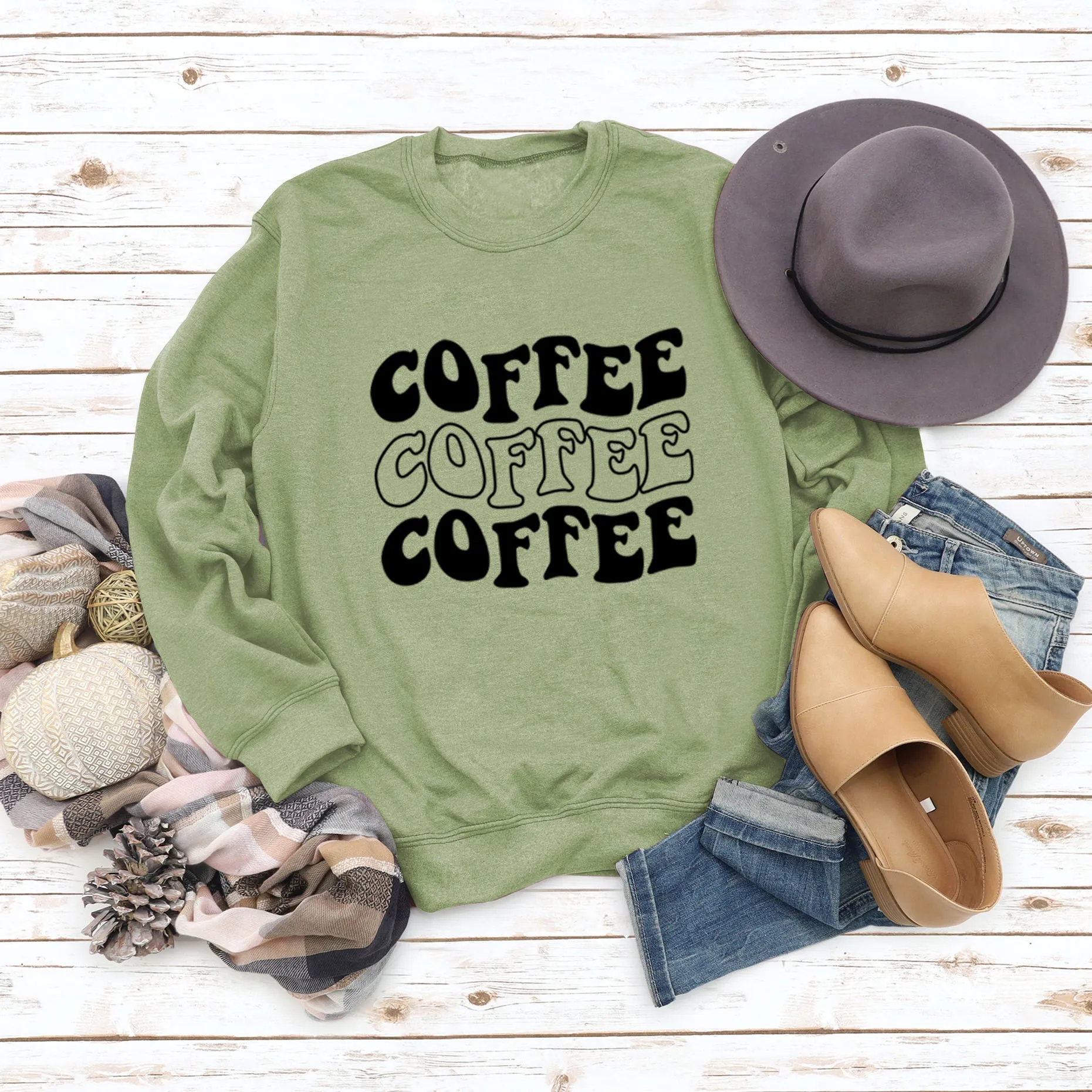 Round Neck Letter COFFEE Tops Women Long-sleeved Printed Loose Sweatshirt