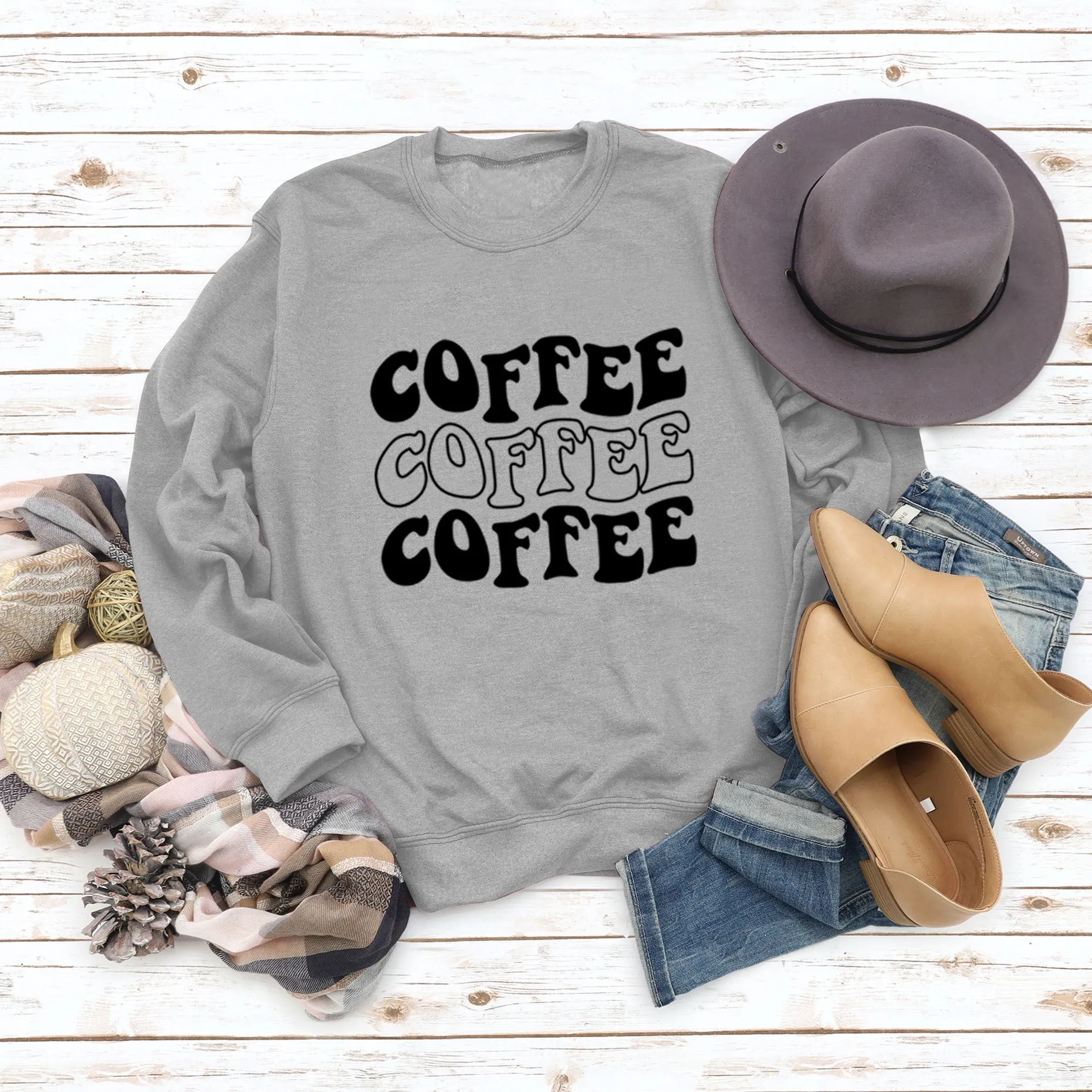 Round Neck Letter COFFEE Tops Women Long-sleeved Printed Loose Sweatshirt