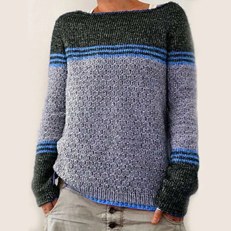 Scoop Neck Colorblock Stripes Knit Sweater