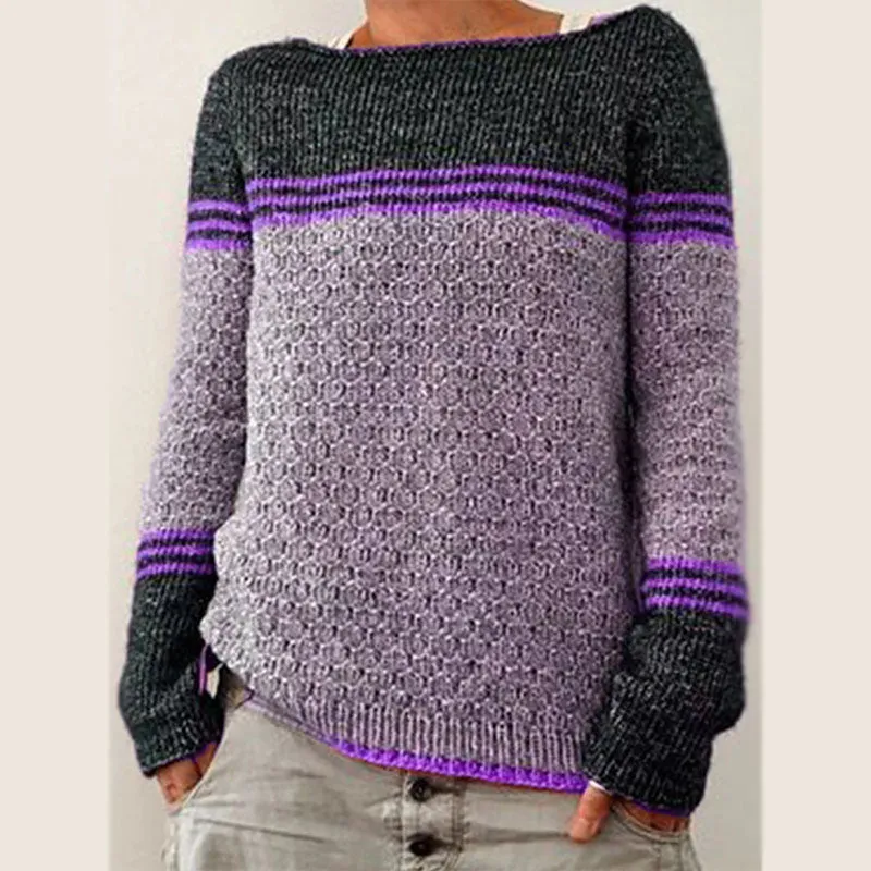 Scoop Neck Colorblock Stripes Knit Sweater