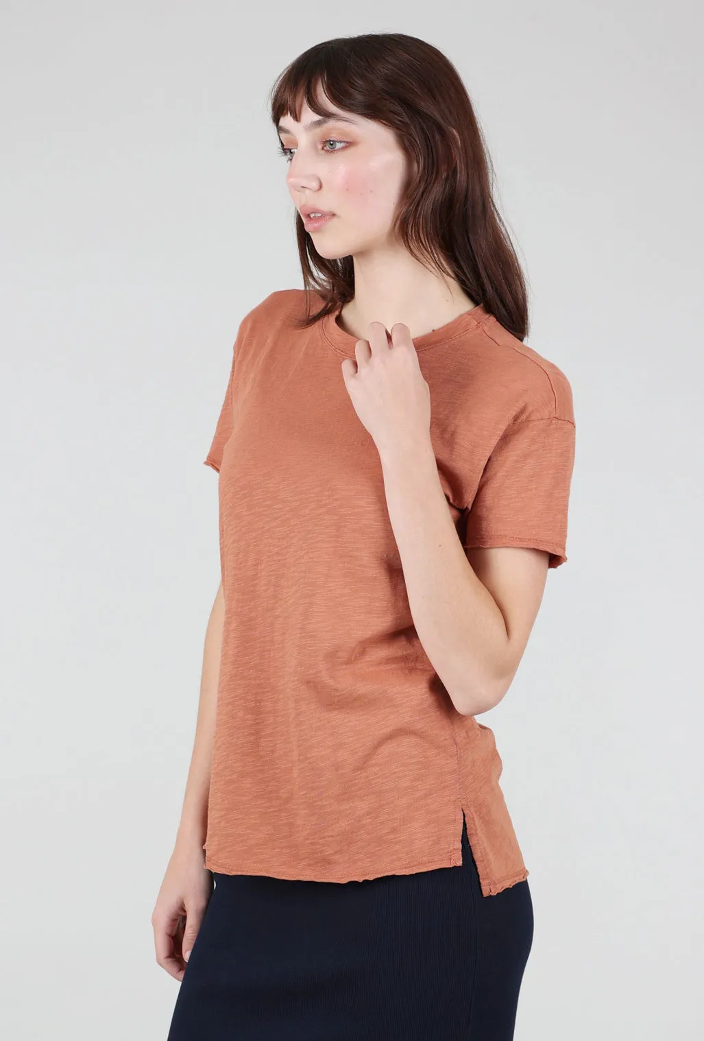 Short-Sleeve Step-Hem Crewneck Tee, Baked Clay