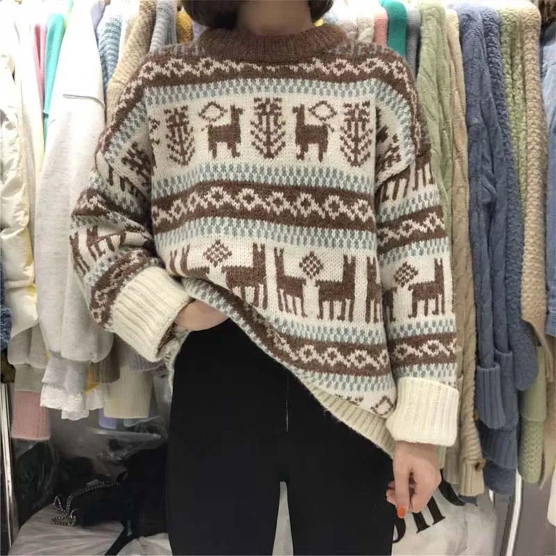 Slouchy Striped Reindeer Christmas Pullover Sweater