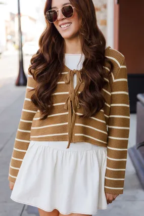 The Leaving Early Mocha Striped Tie Front Sweater