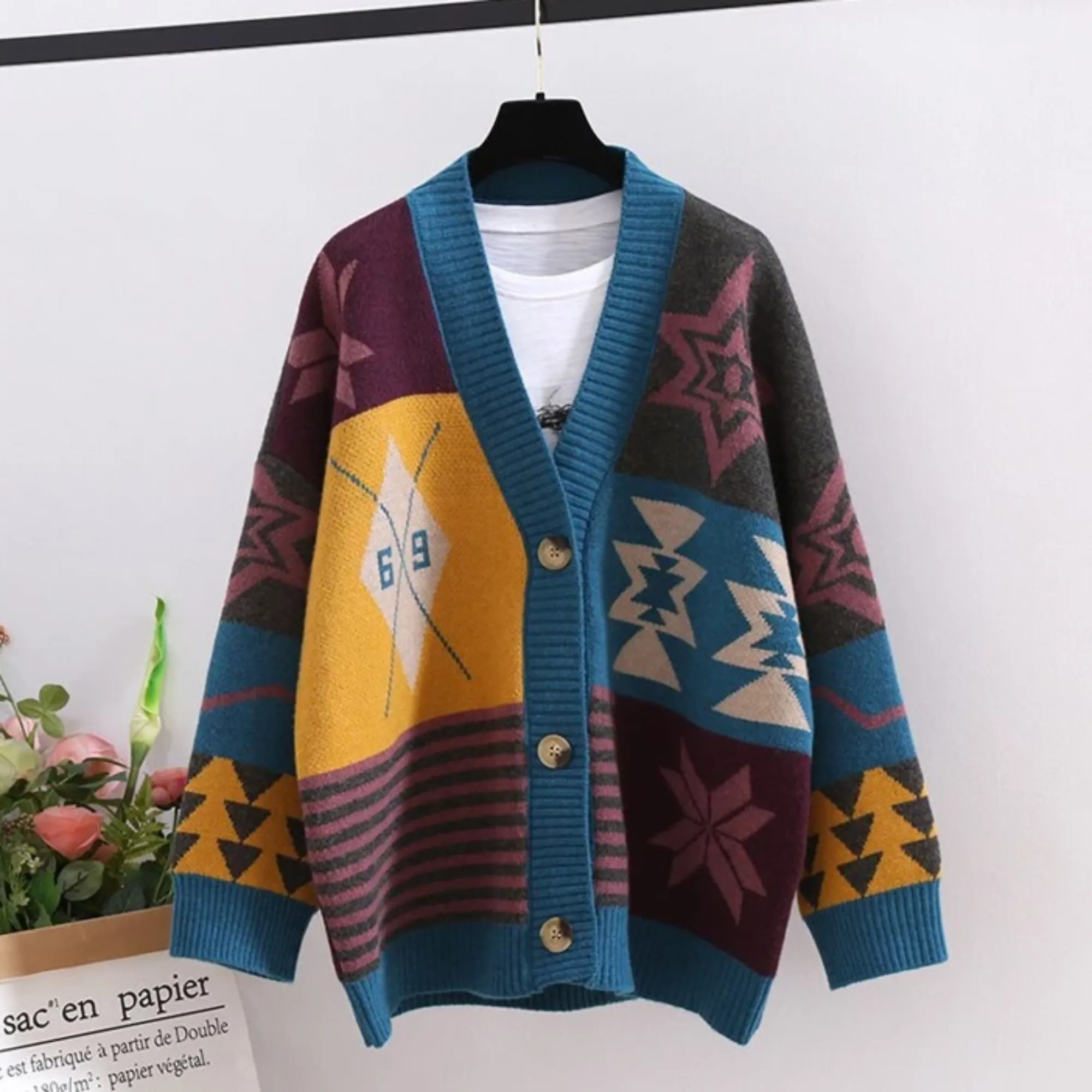 Women's Winter Casual Patchwork V-Neck Long Cardigan