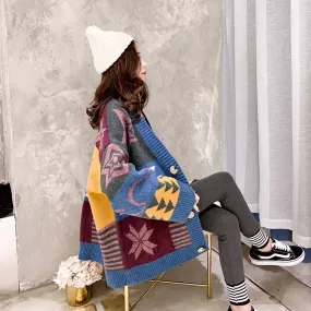 Women's Winter Casual Patchwork V-Neck Long Cardigan