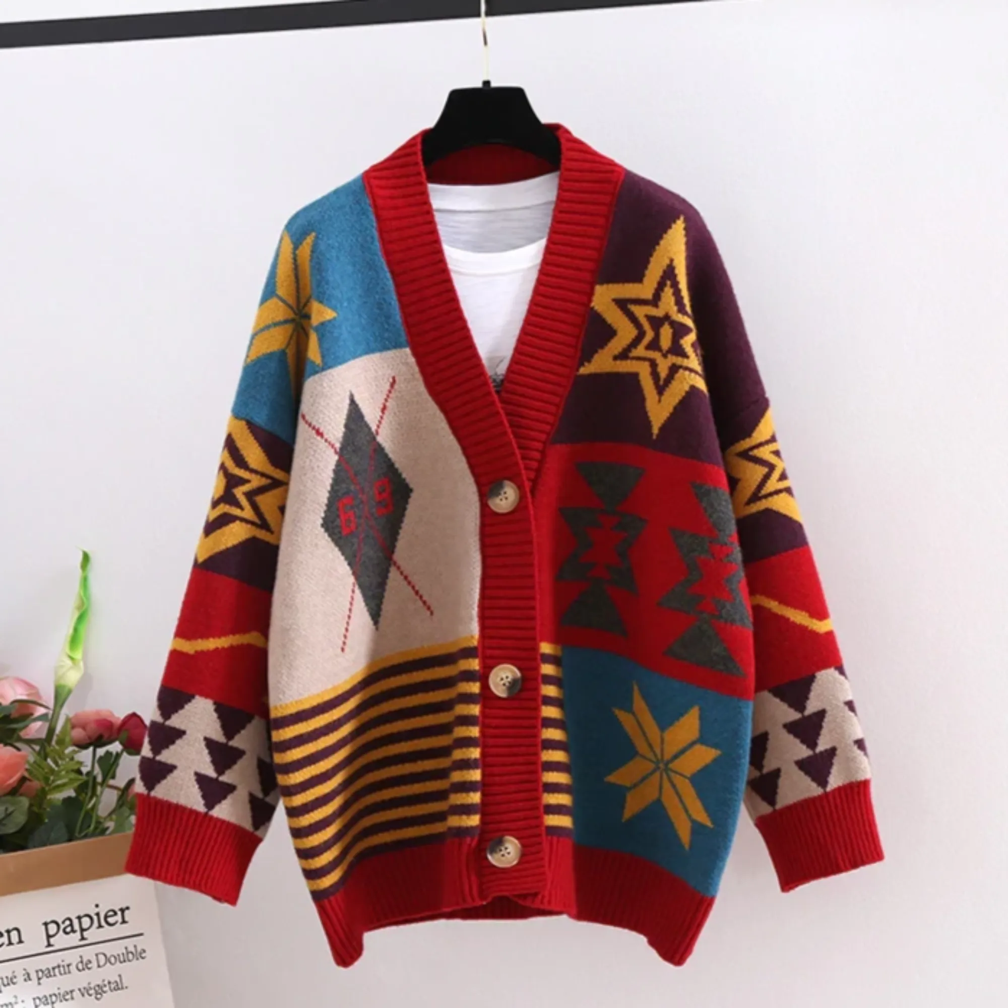 Women's Winter Casual Patchwork V-Neck Long Cardigan