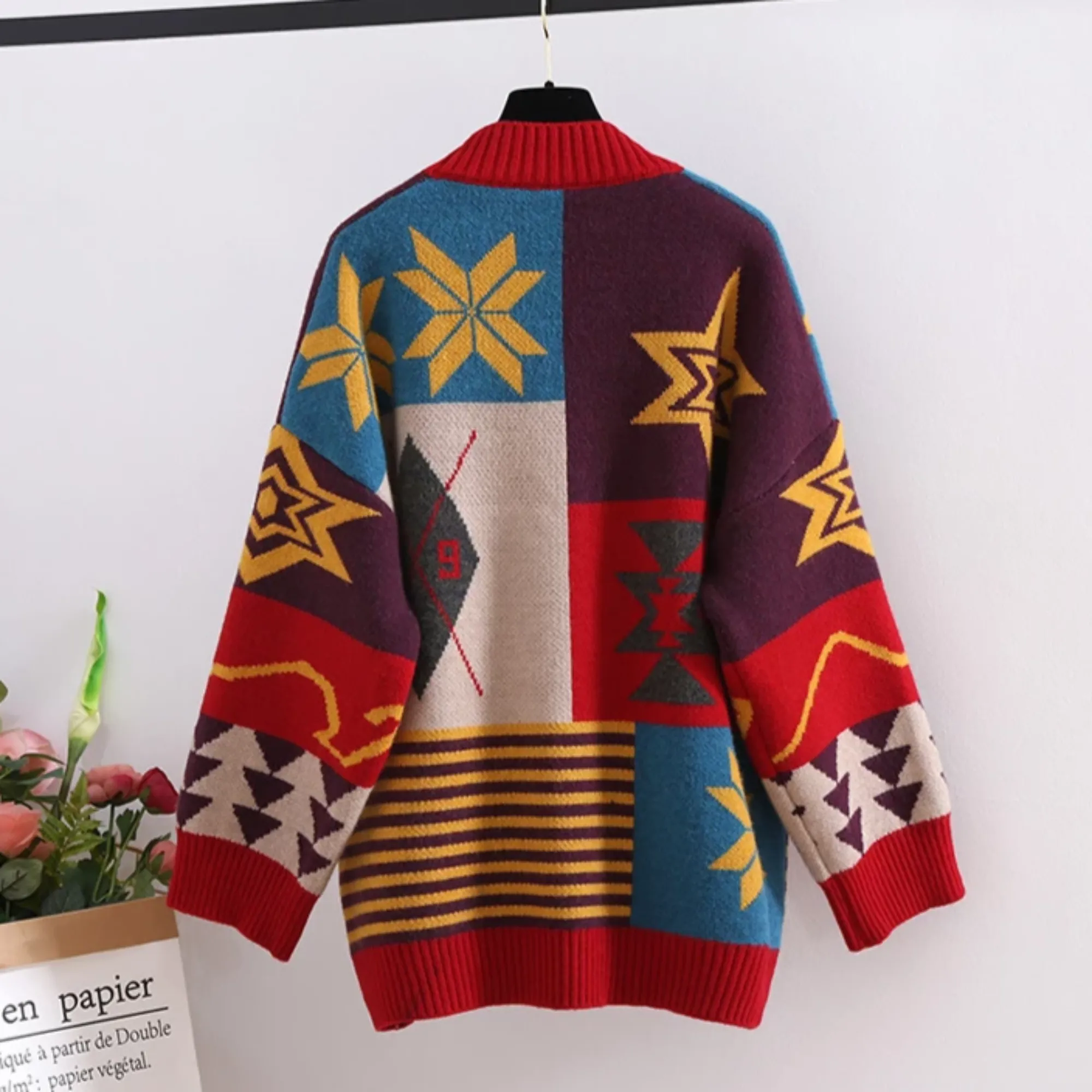 Women's Winter Casual Patchwork V-Neck Long Cardigan