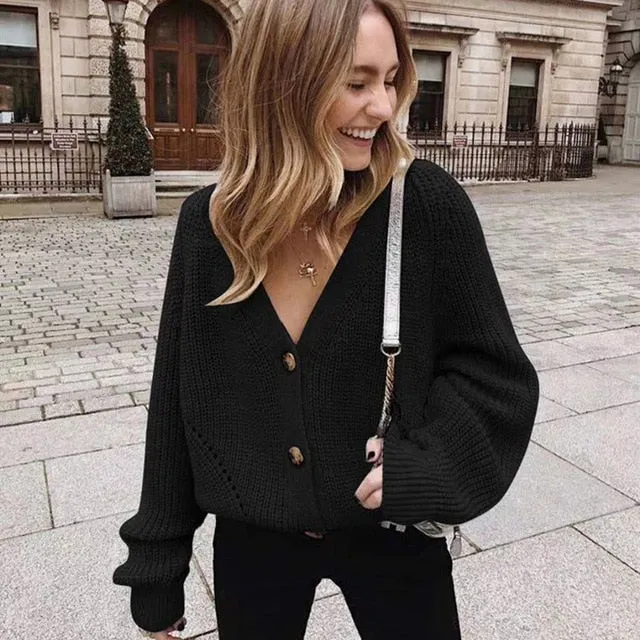 Zoki Frauen gestrickte Cardigans Pullover Mode Casual V Hals